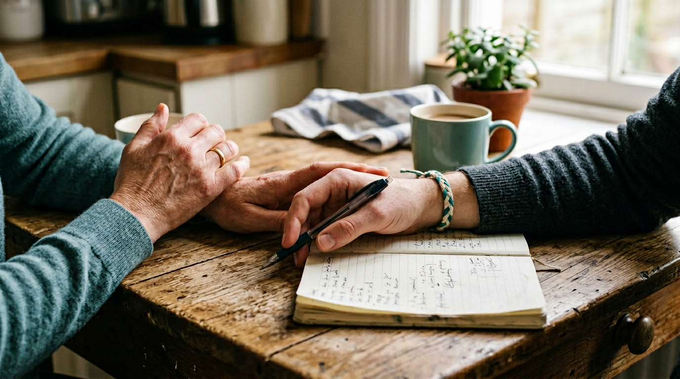 Two people talking over a notebook at a kitchen table